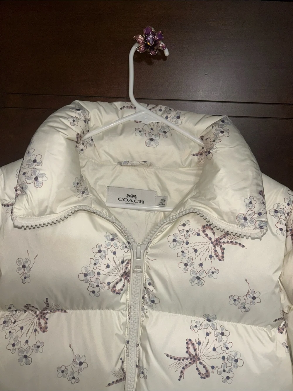 NWOT! Coach Off- White Floral Bow Print Puffer Jacket with Hood size S
